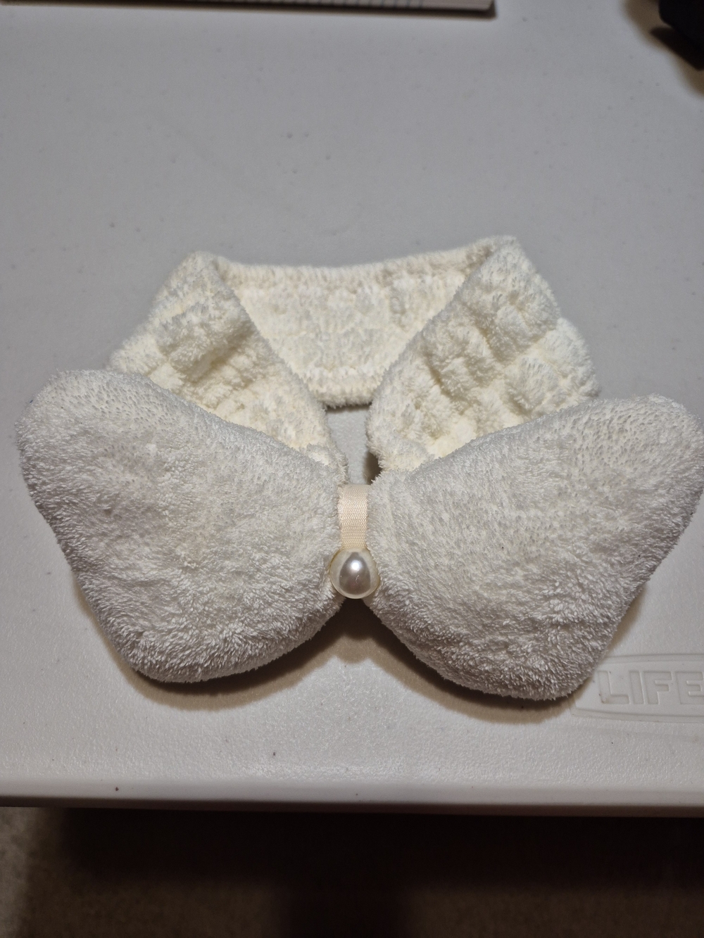 Cream Plush Bow Headband with Pearl Accent